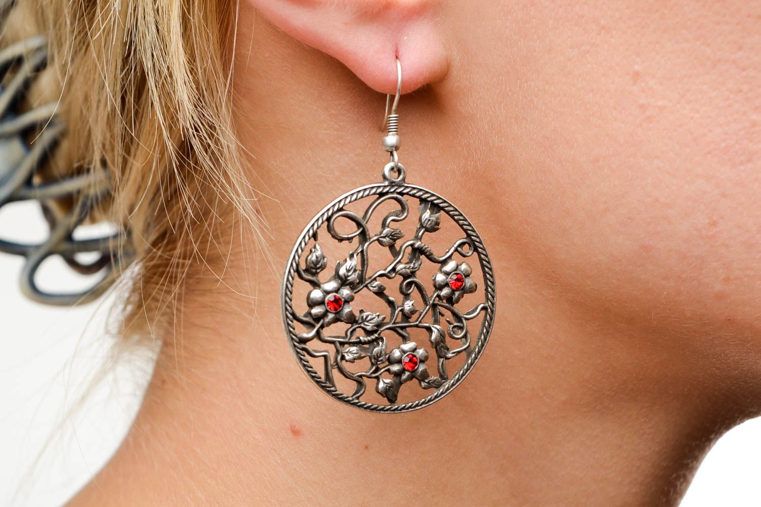 Round earrings with charms metal hand crafted women accessories idea for gift photo 2