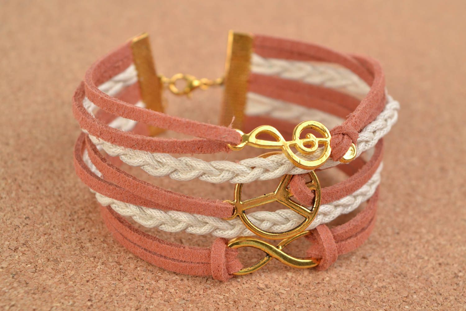 Handmade multi row two colored suede cord woven wrist bracelet with metal charms photo 1