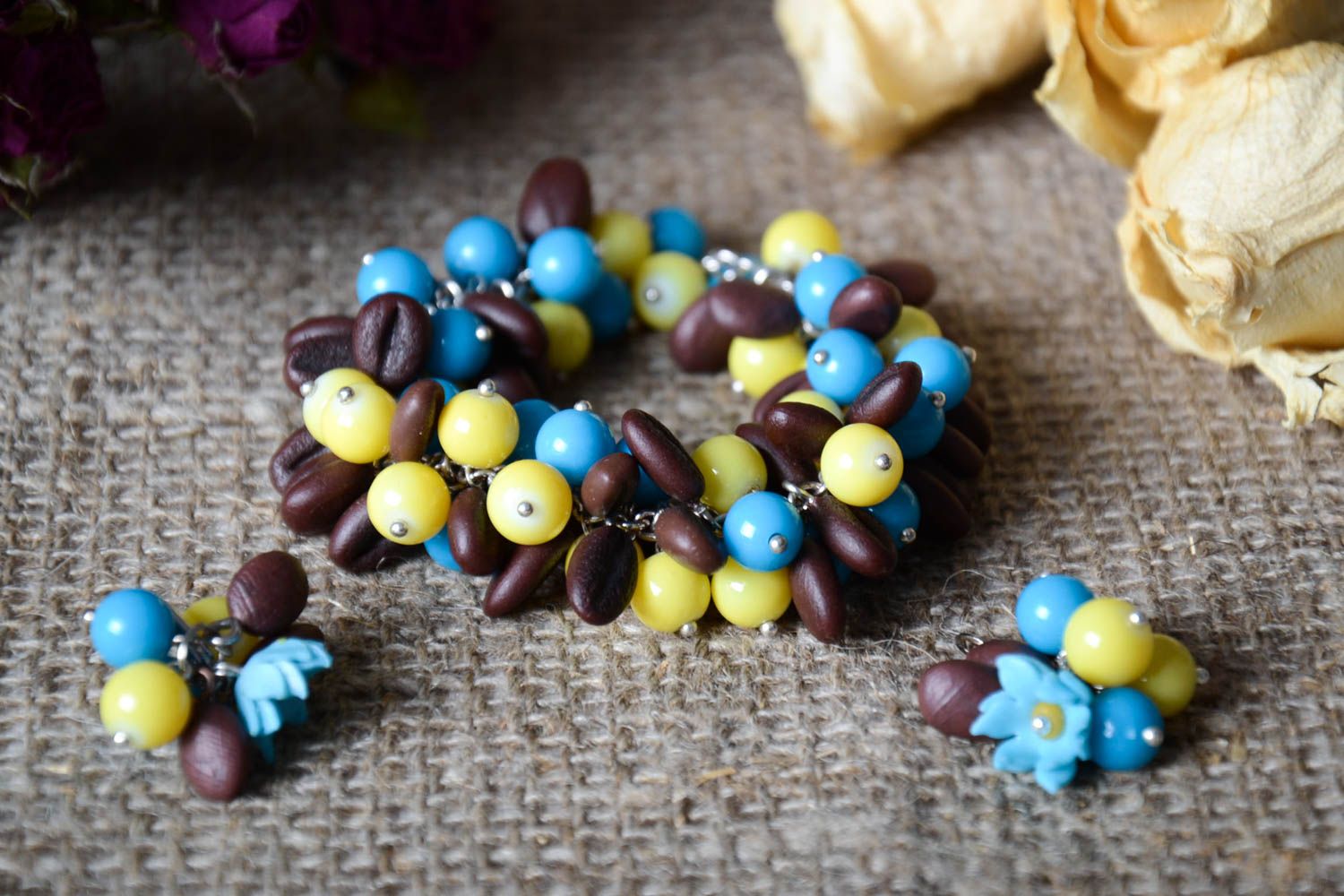 Handmade Schmuck Set aus Polymerton Blumen Ohrringe Damen Armband gelb blau foto 1