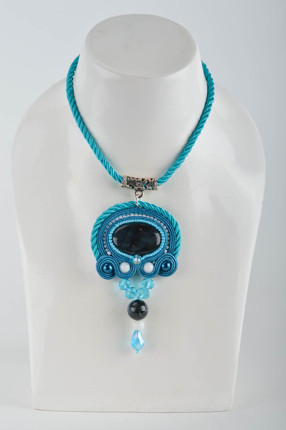 Unusual elegant handmade blue soutache necklace with natural stones photo 3