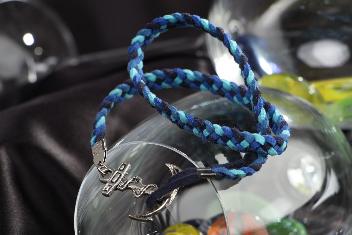 Handmade artificial leather marine charm bracelet in blue and dark blue colors photo 4