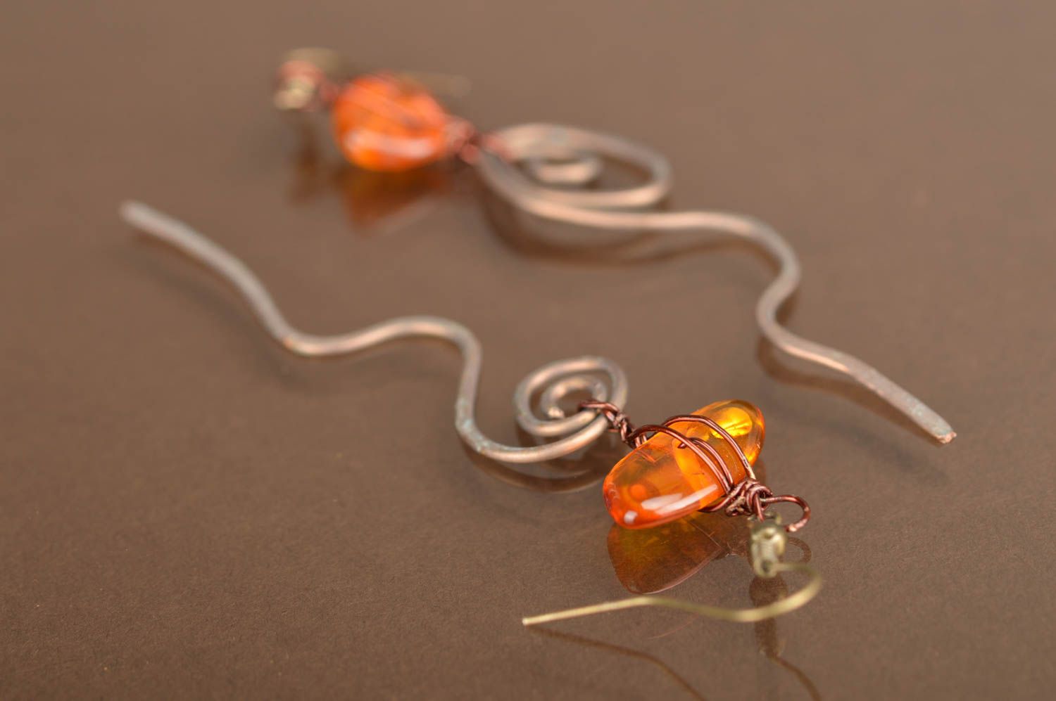 Unusual long handcrafted metal earrings with natural stone amber beautiful gift photo 5