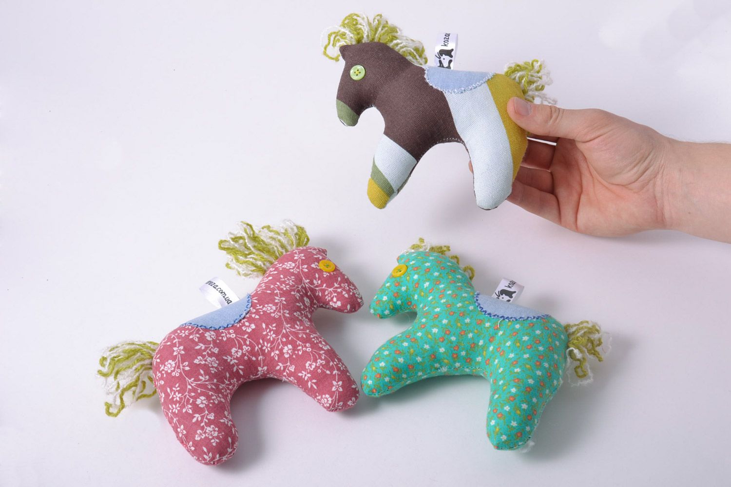 Set of 3 handmade small cute soft toys sewn of colorful fabric horses  photo 5