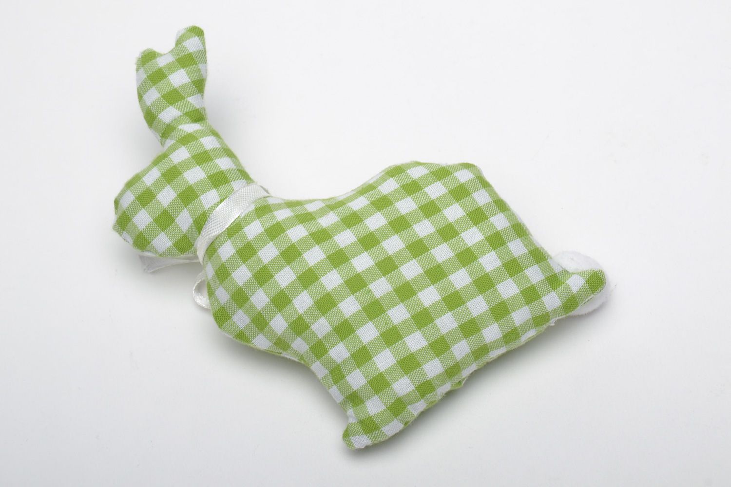 Handmade interior soft toy sewn of checkered green fabric in the shape of rabbit  photo 2