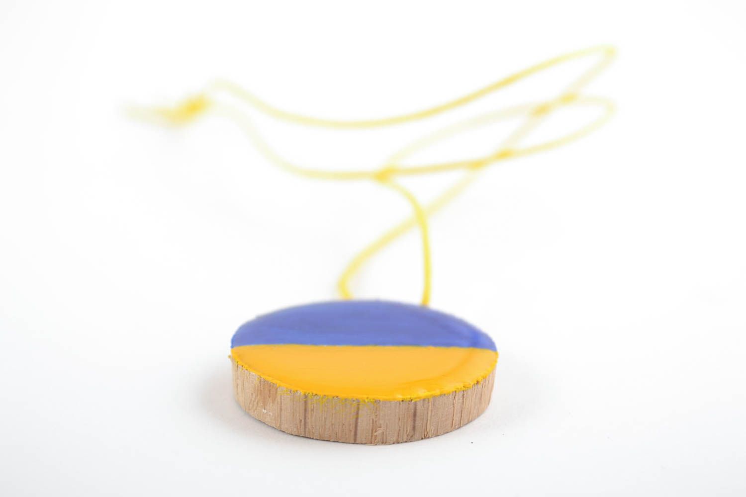 Round wooden pendant with epoxy on long cord yellow and blue handmade jewerly photo 4