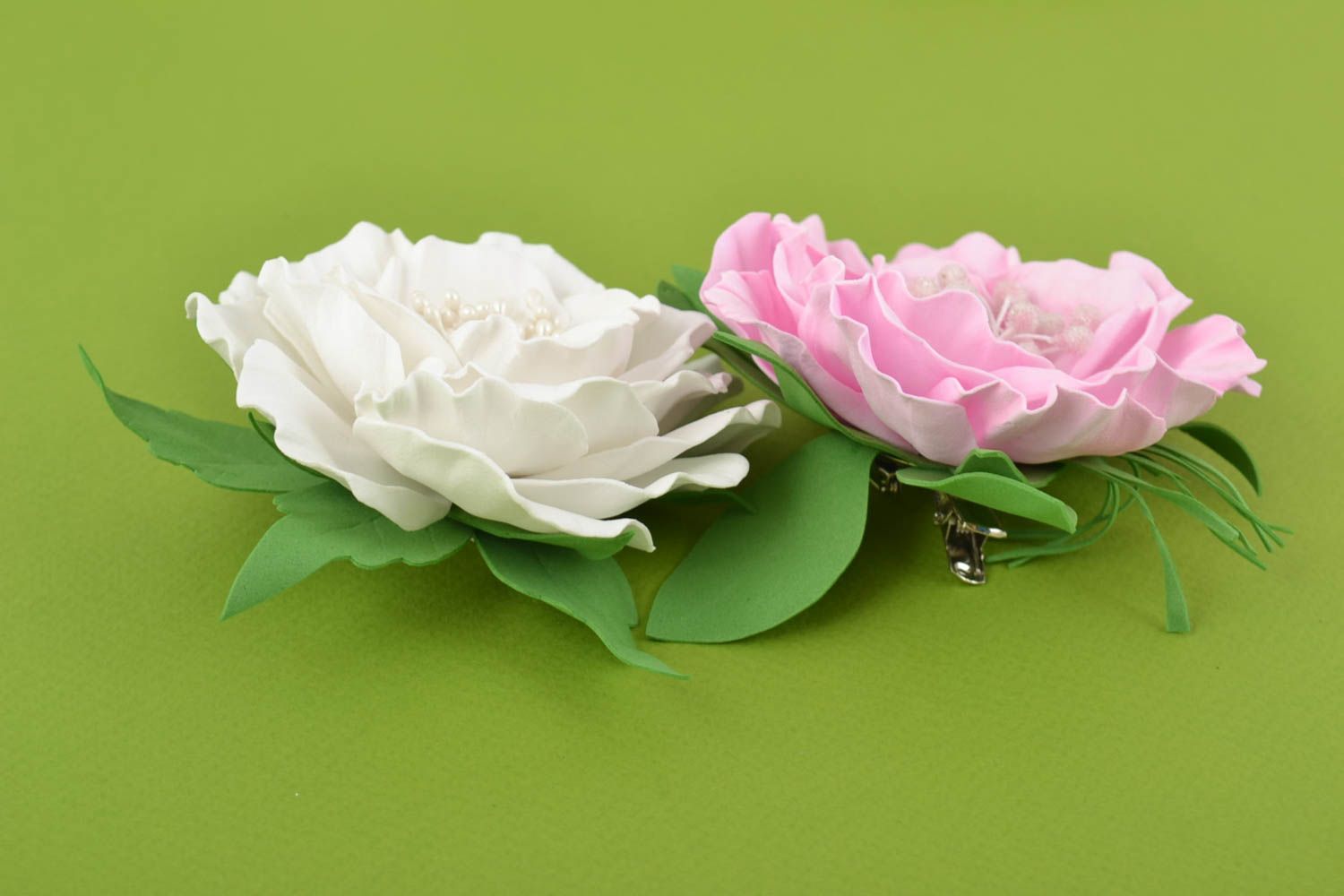 Handmade hair clip brooche in shape of flower set of 2 items made of foamiran photo 9