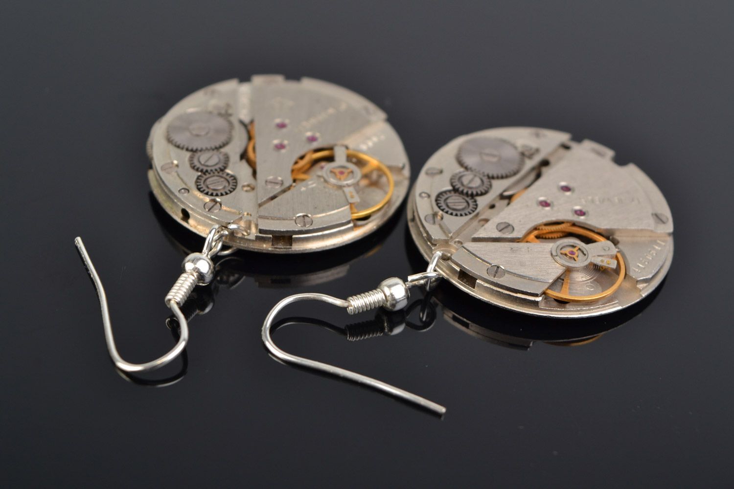 Handmade designer round metal earrings in steampunk style with clock mechanism  photo 1