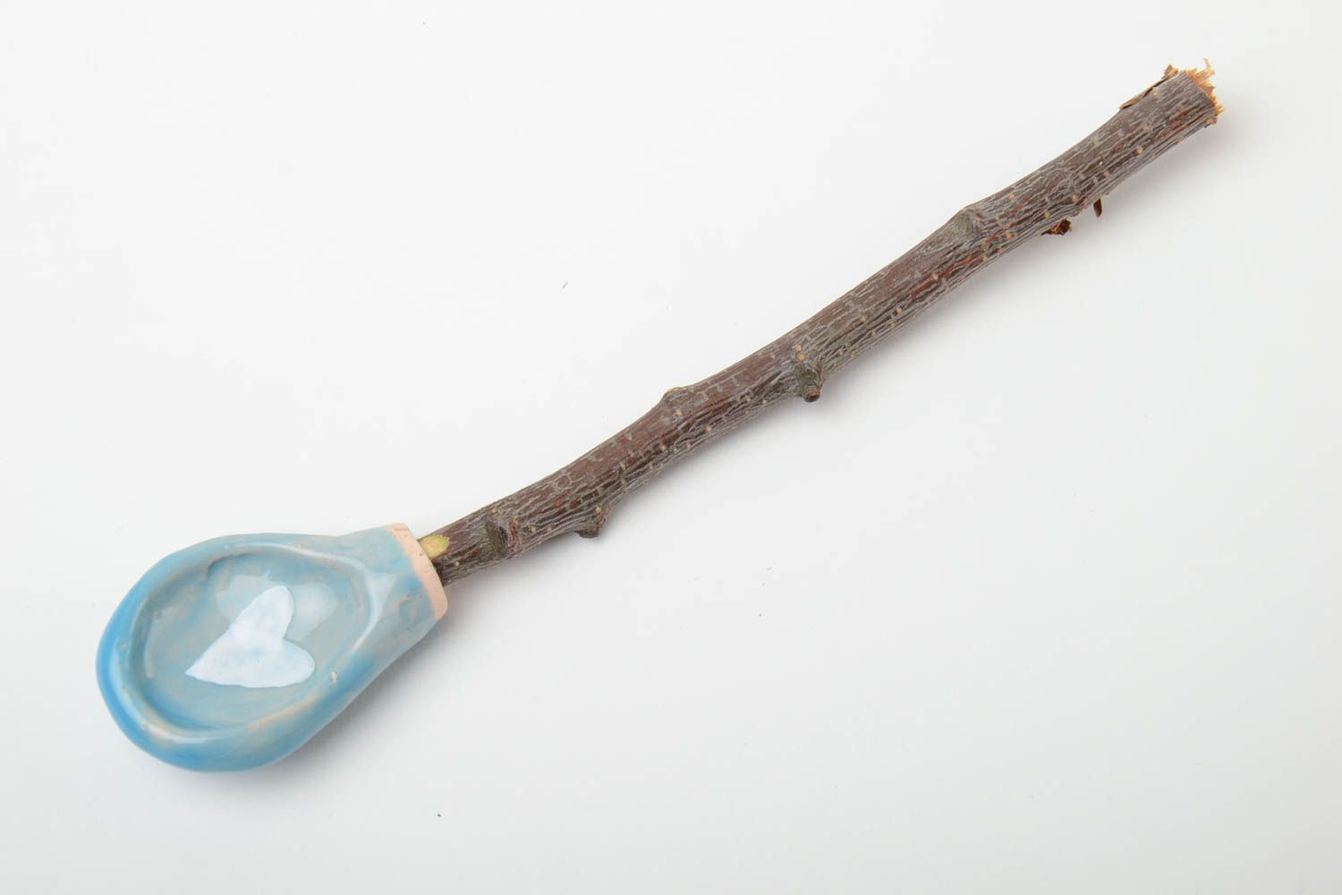 Ложка для специй из глины и деревянной веточки абрикоса глазурованная голубая фото 2