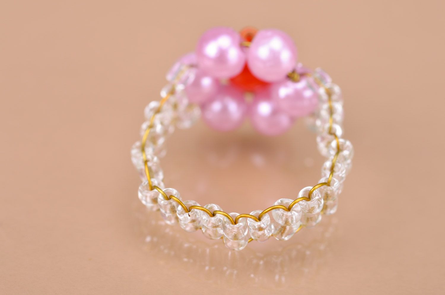 Pink and red small children's handmade beaded ring photo 4