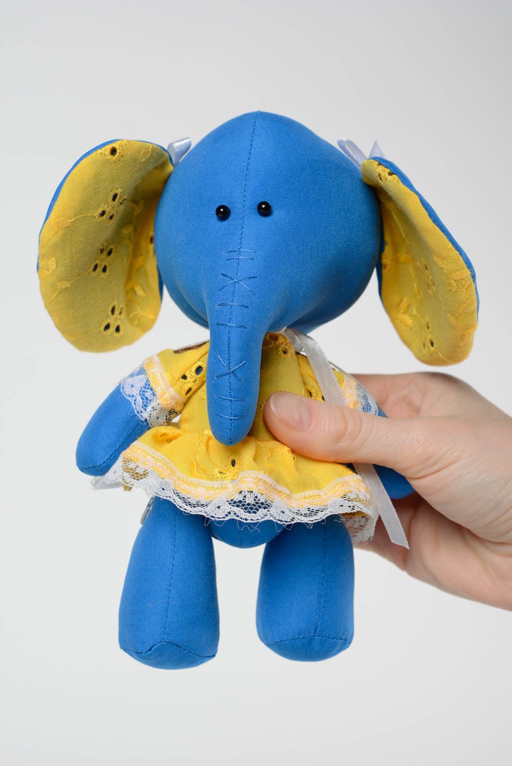 Handmade designer cotton fabric soft toy blue elephant in bright yellow dress photo 5