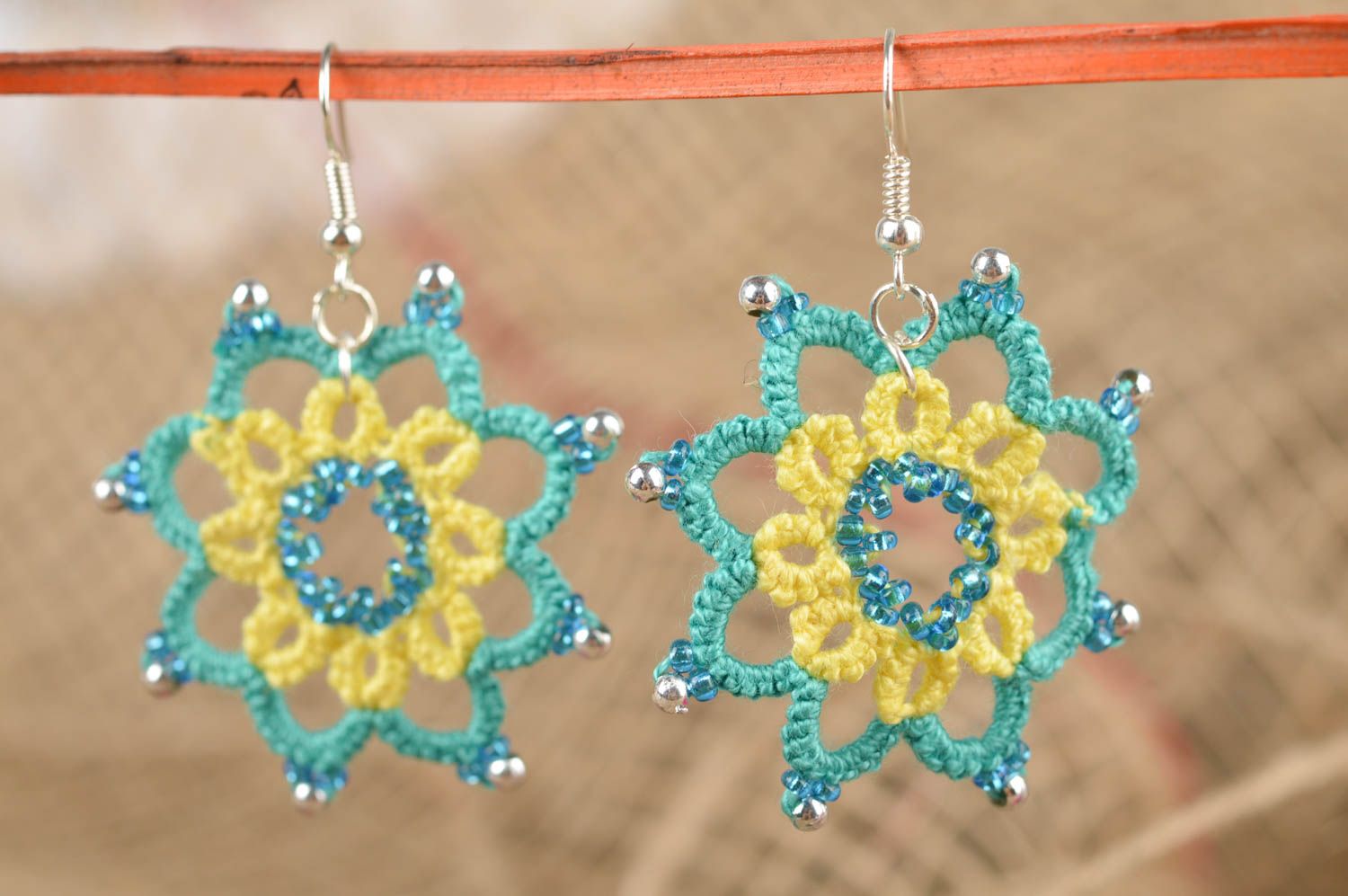 Beautiful handmade woven lace earrings textile earrings with beads gifts for her photo 1