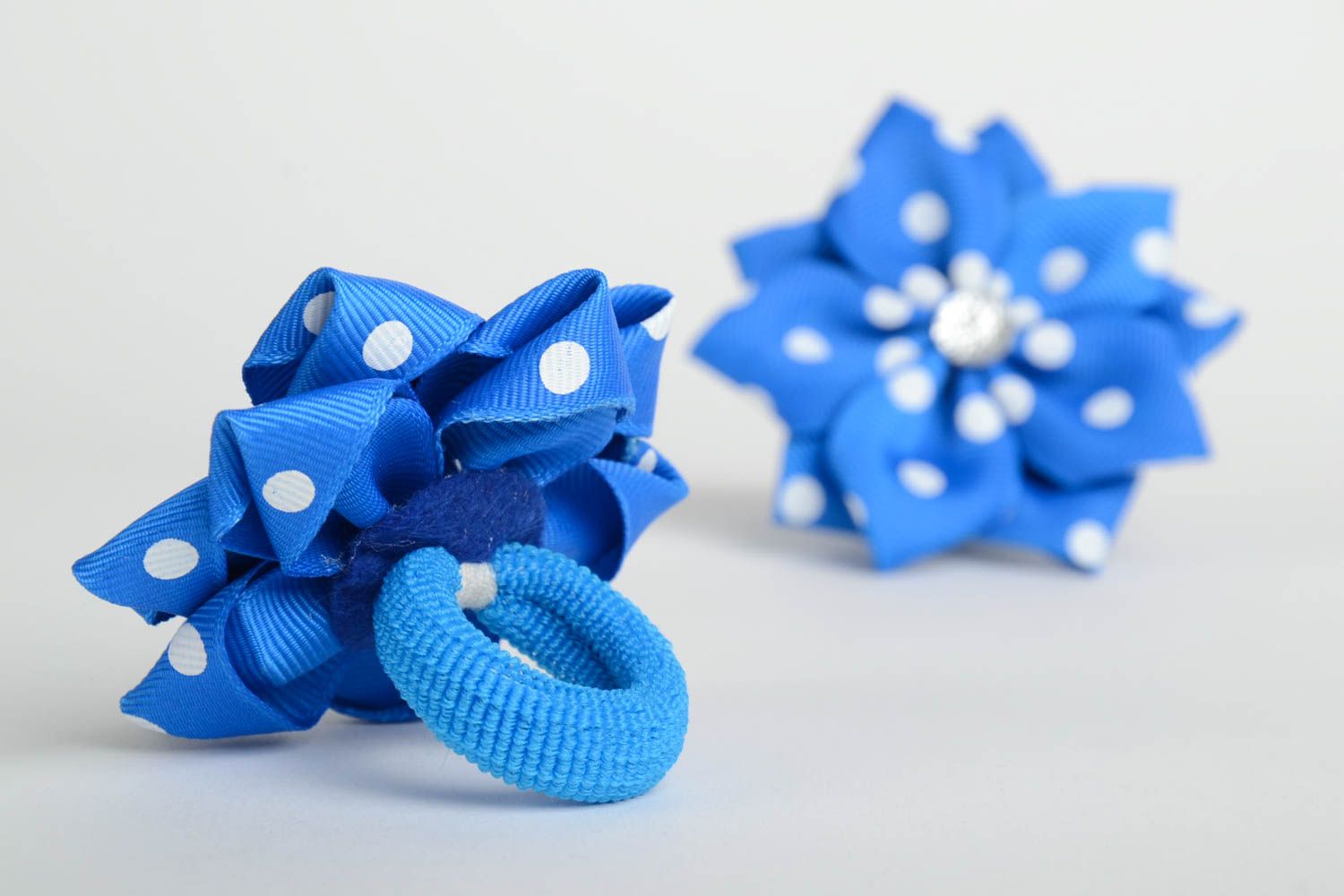 Set of 2 designer homemade hair ties with blue and white polka dot flowers photo 3