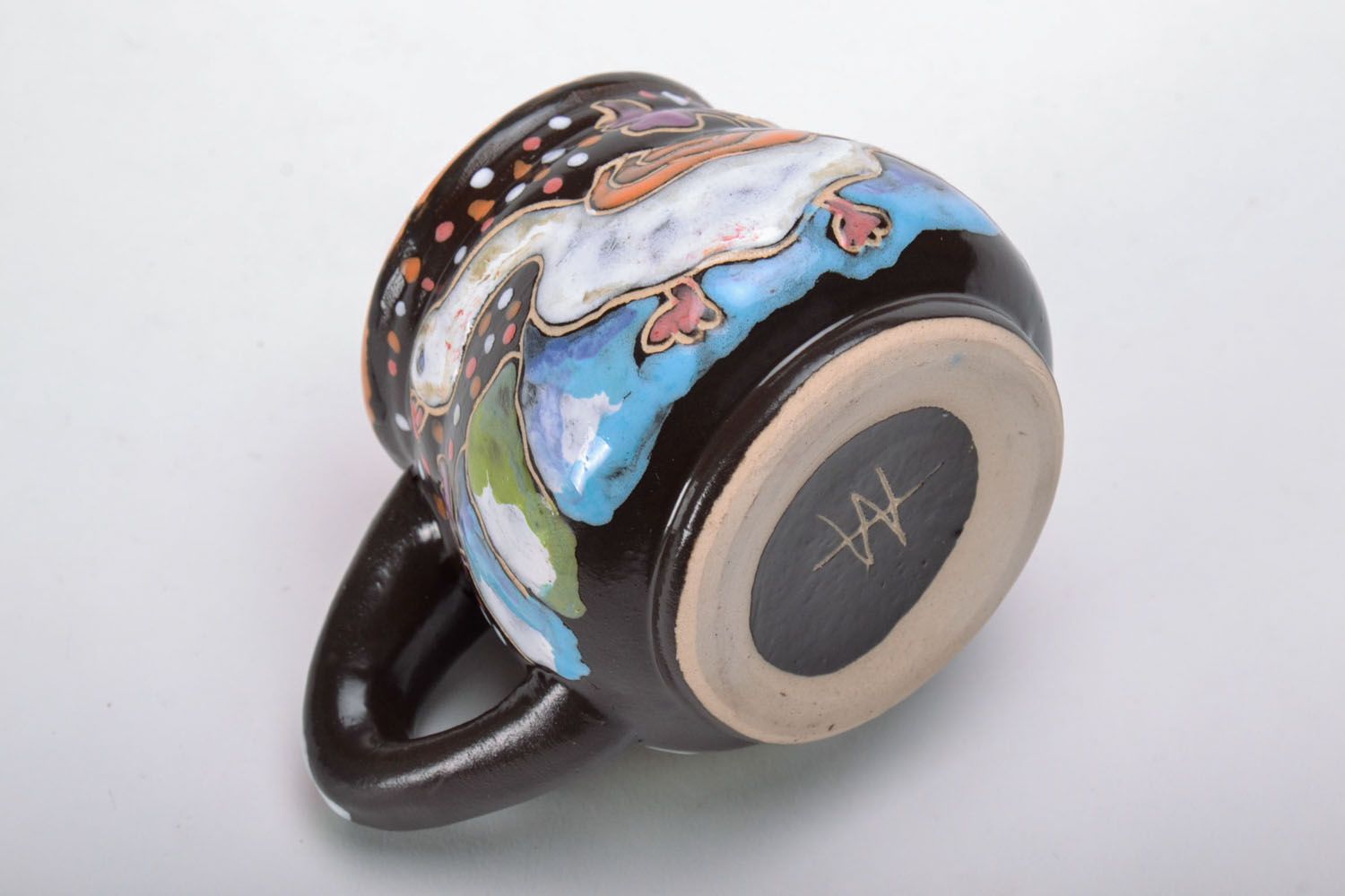 Handmade clay glazed cup with painting Geese and Swans, 6 oz and handle photo 4