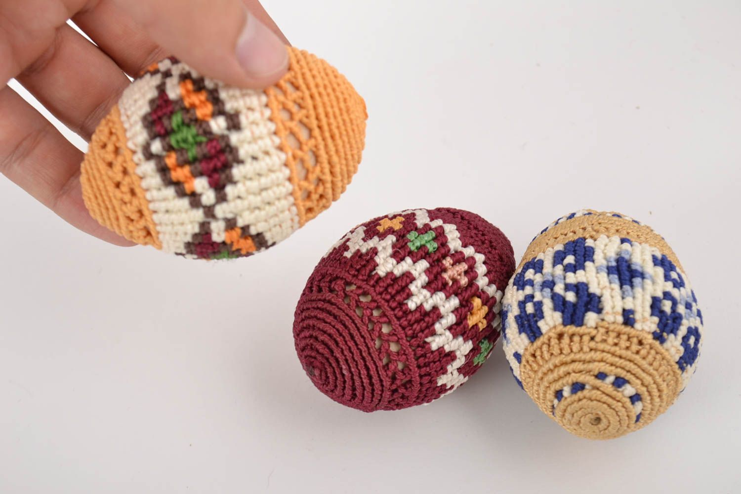Set of 3 handmade designer macrame woven Easter eggs with colorful ornaments photo 2