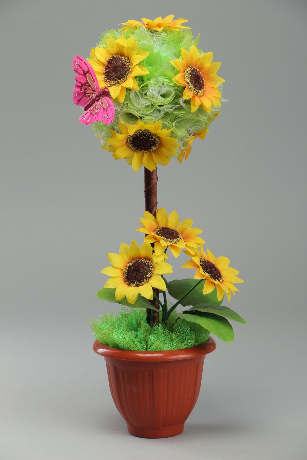 Topiario artesanal de flores artificiales verde amarillo en maceta plástica foto 1