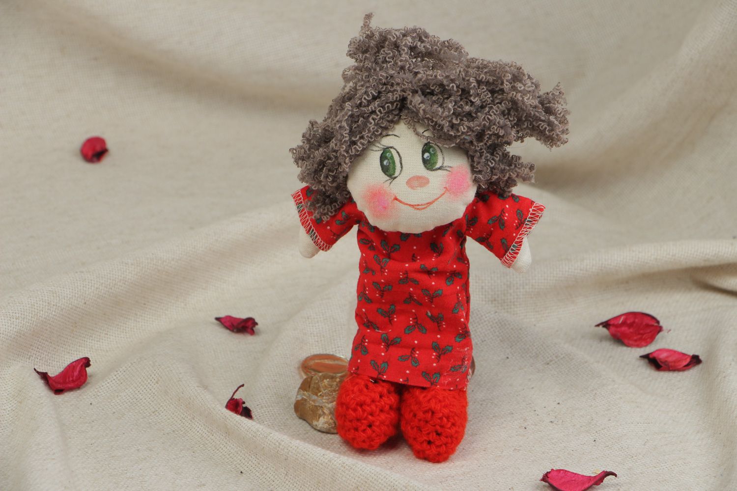 Handmade primitive soft doll sewn of coarse calico fabric for little children photo 5