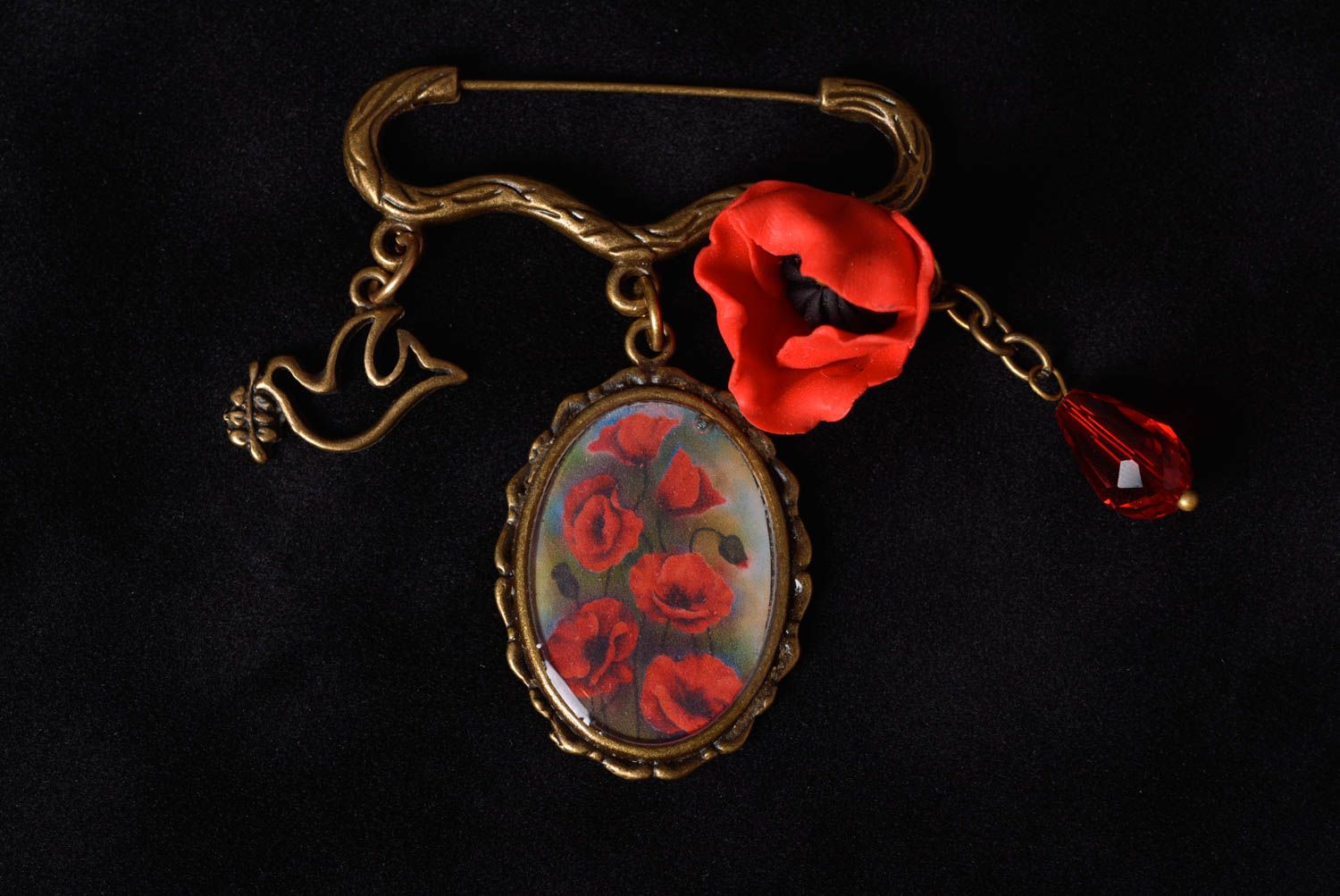 Handmade vintage brooch with print in epoxy resin decoupage red poppy photo 4