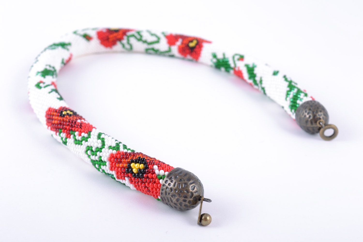 Beautiful handmade Czech bead cord necklace of red color with flowers photo 5