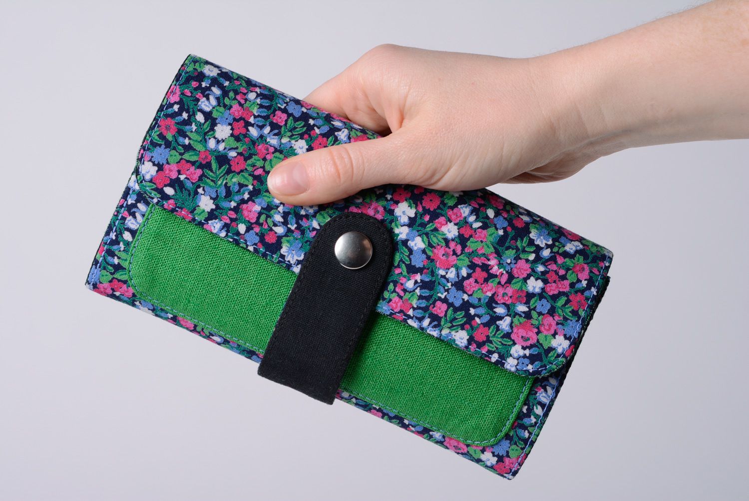 Blue and green handmade women's wallet sewn of natural fabric photo 1