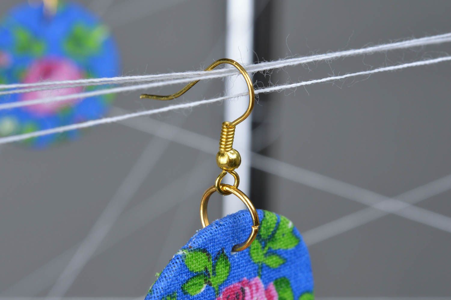 Beautiful romantic handmade designer blue fabric earrings with flower print photo 2