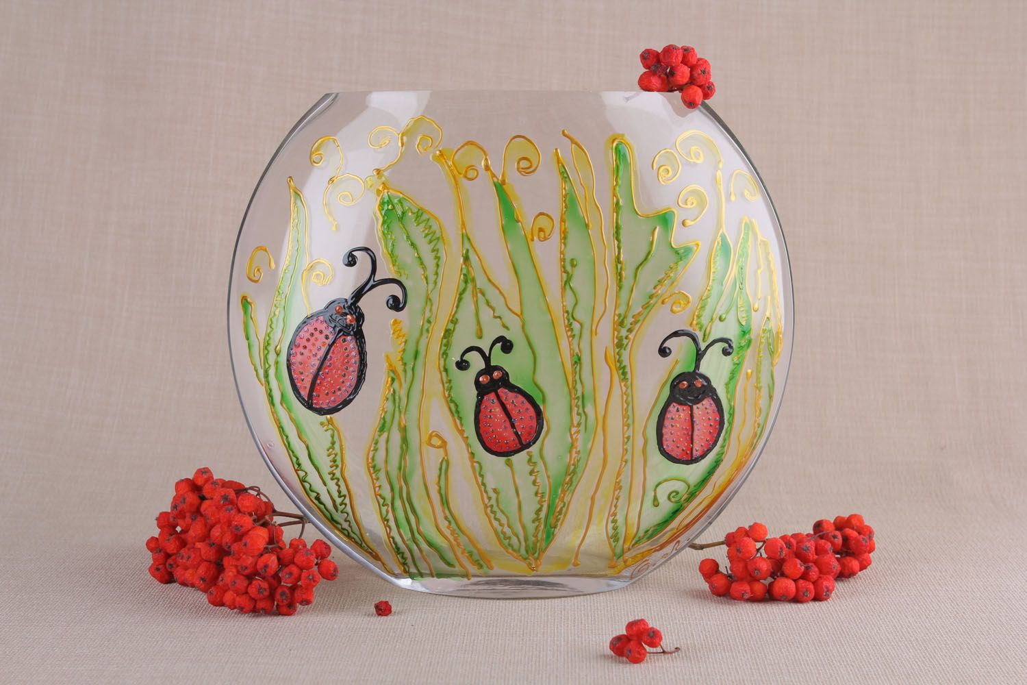8 inches in diameter glass ball shape vase with ladybugs 2,5 lb photo 1