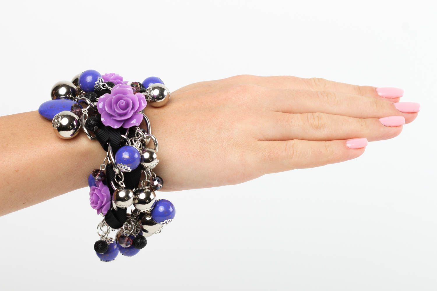 Purple roses with blue beads large bracelet charm bracelet for women photo 5
