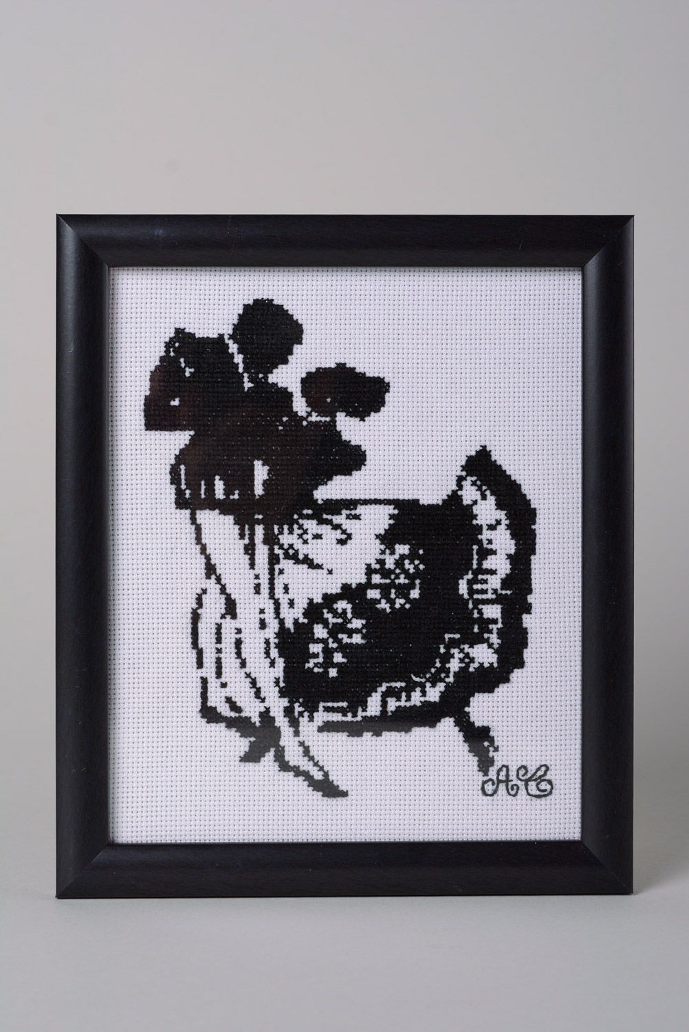 Cross stitch embroidery in plastic frame with plexiglas for wall decor photo 1