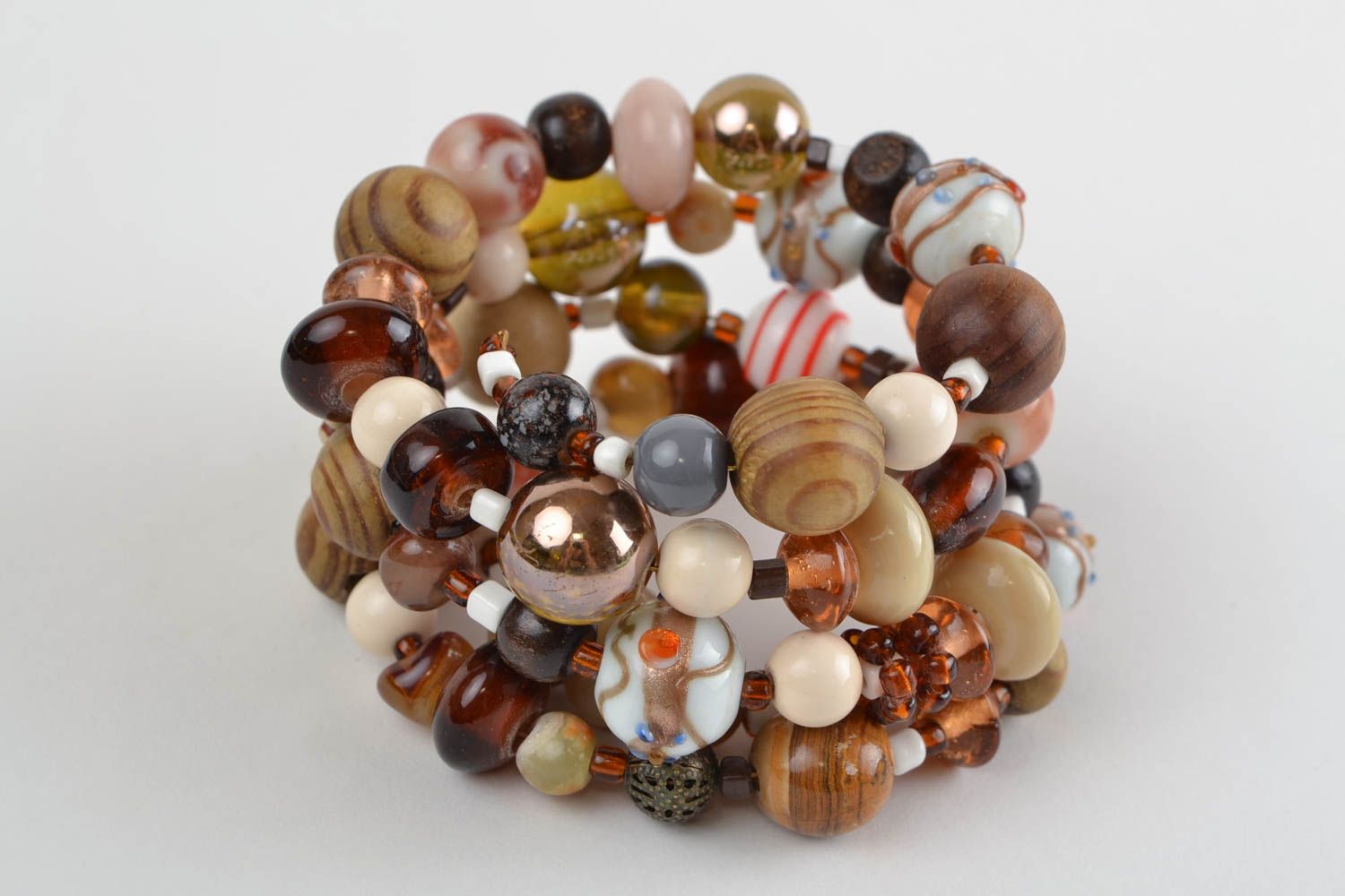 Handmade designer women's wrist bracelet with colorful wooden and glass beads photo 5