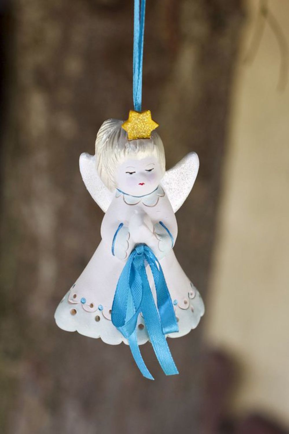 Ceramic bell, decorative pendant Angel with blue ribbon photo 1