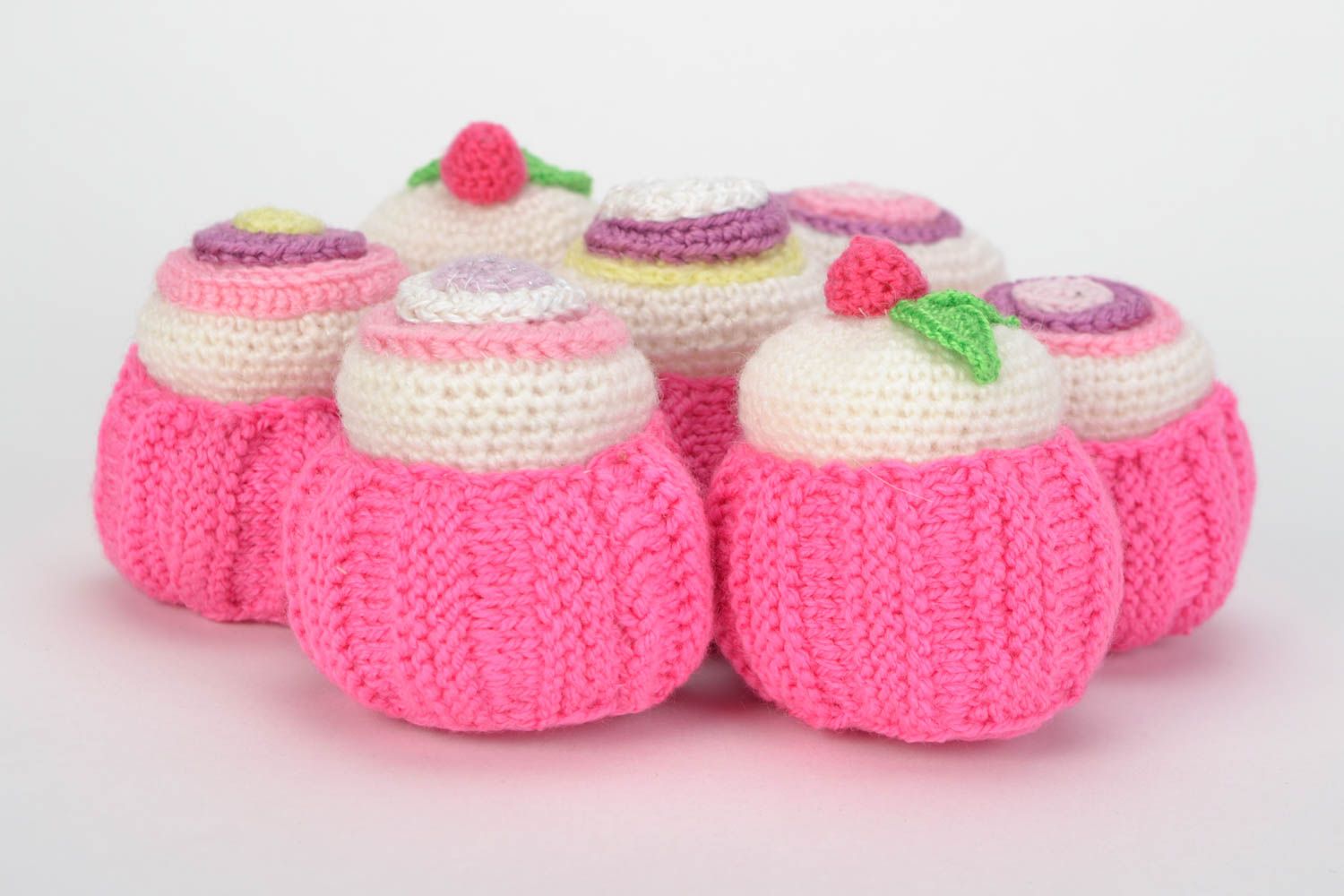 Set of 7 handmade soft interior crochet toys in the shape of small pink cakes photo 5