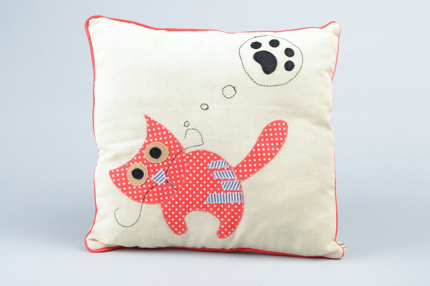 Handmade white square accent pillow with applique work in the shape of red cat photo 1