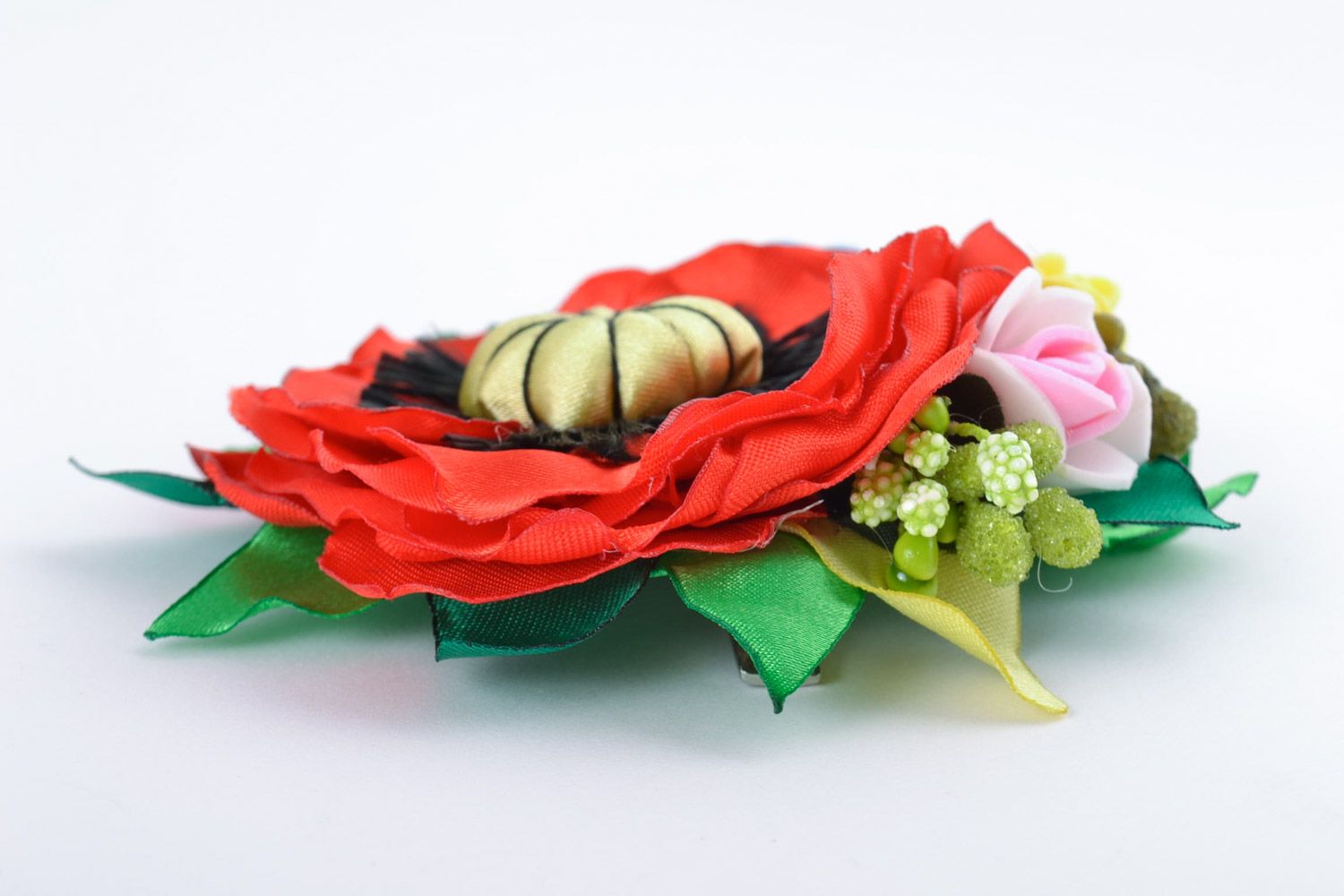 Handmade large volume colorful floral hair clip with satin ribbons and felt photo 5
