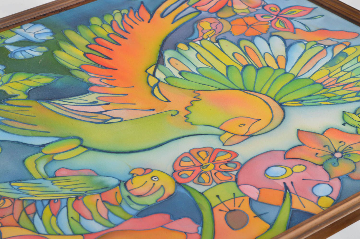 Tableau en batik à froid sur tissu fait main décoratif Perroquets multicolores photo 2