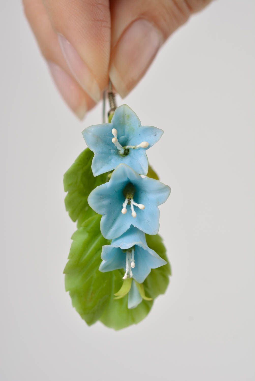 Long designer dangling earrings hand made of polymer clay blue flowers photo 4
