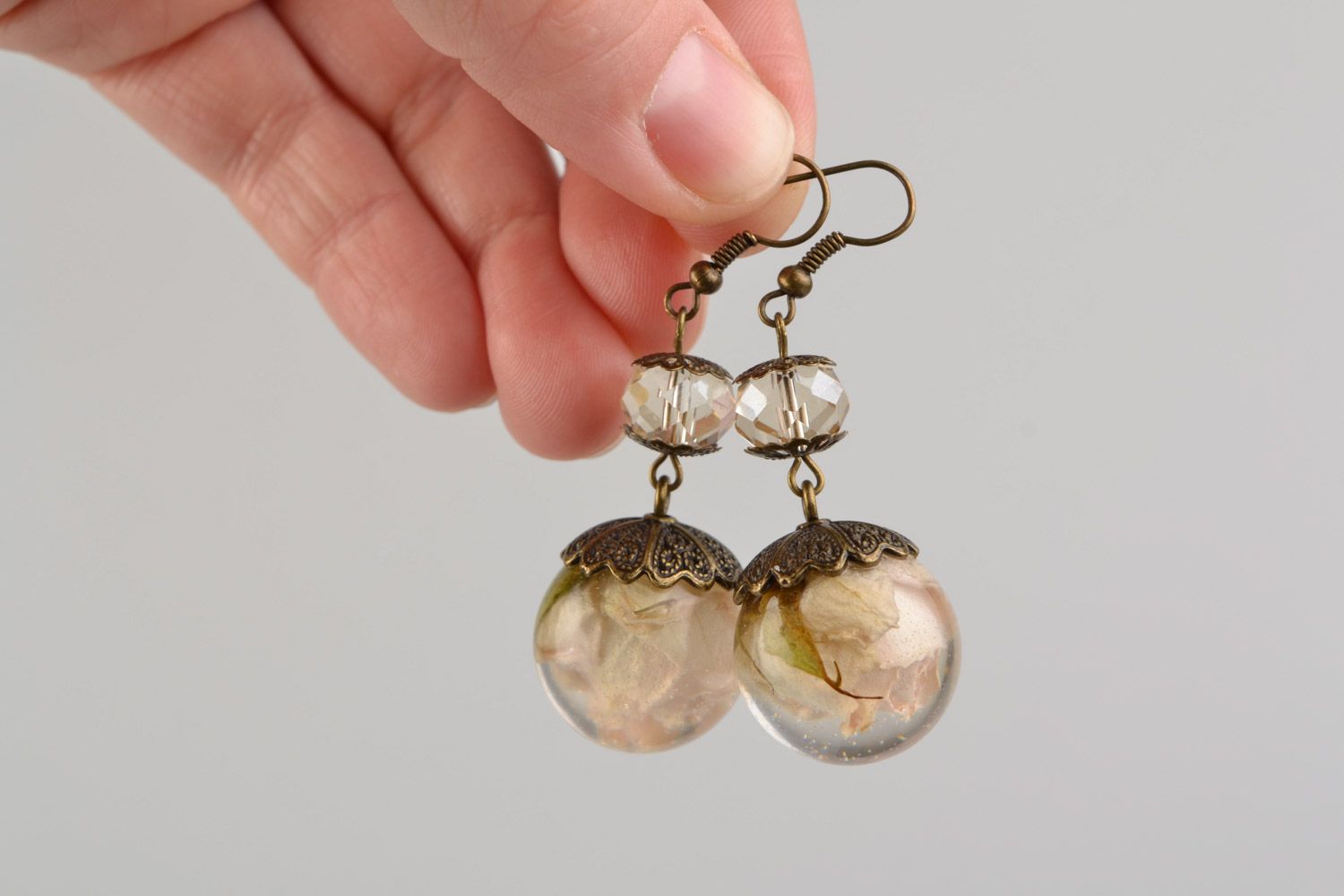 Handmade long ball earrings with real roses coated with epoxy and beads Cream photo 2