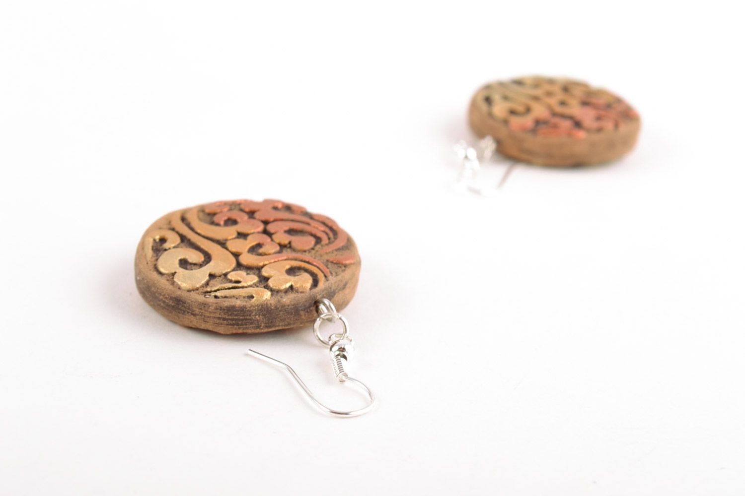 Handmade ethnic round ceramic dangling earrings with relief ornament for women photo 4