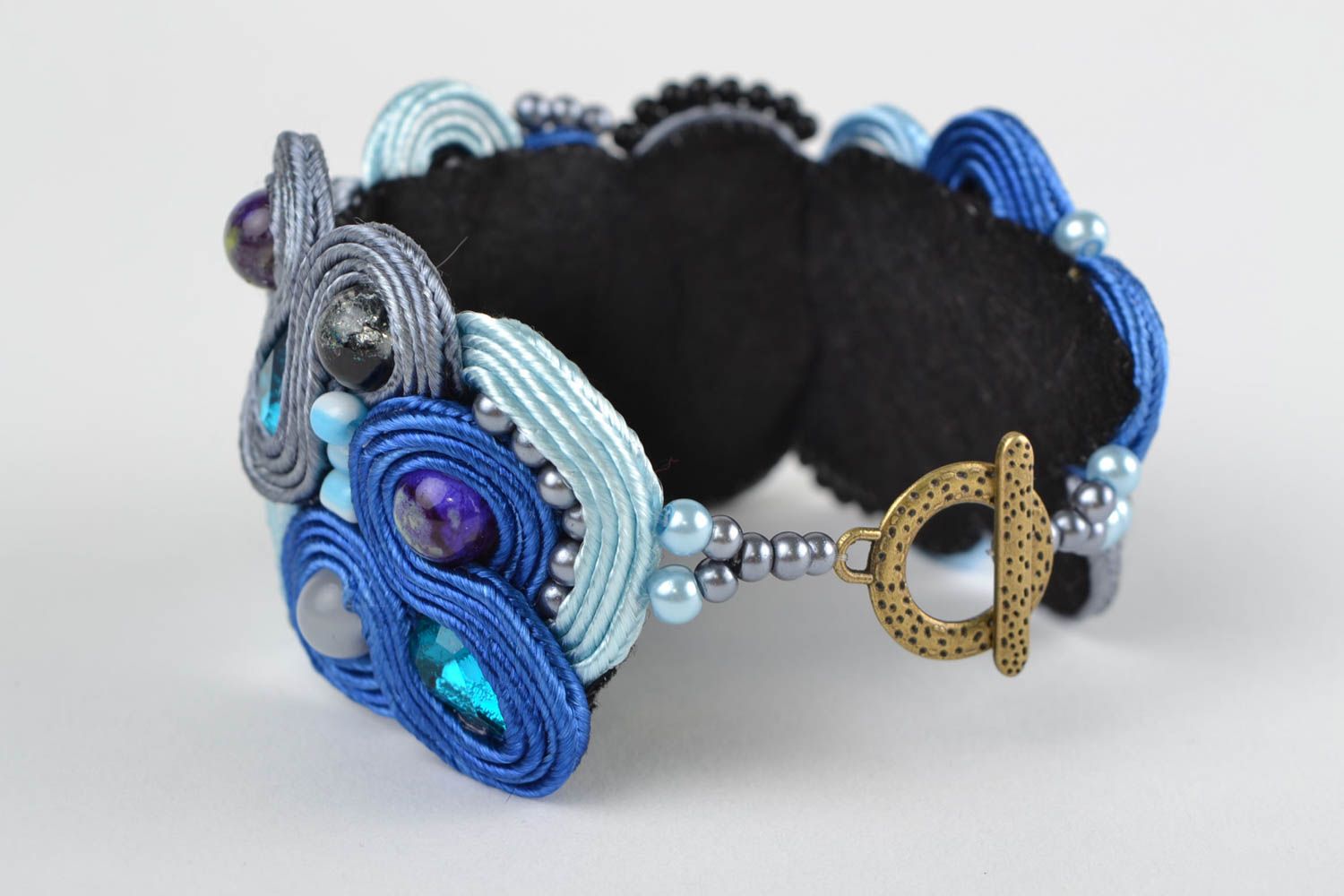 Blue handmade designer soutache bracelet with natural cat's eye stone  photo 5