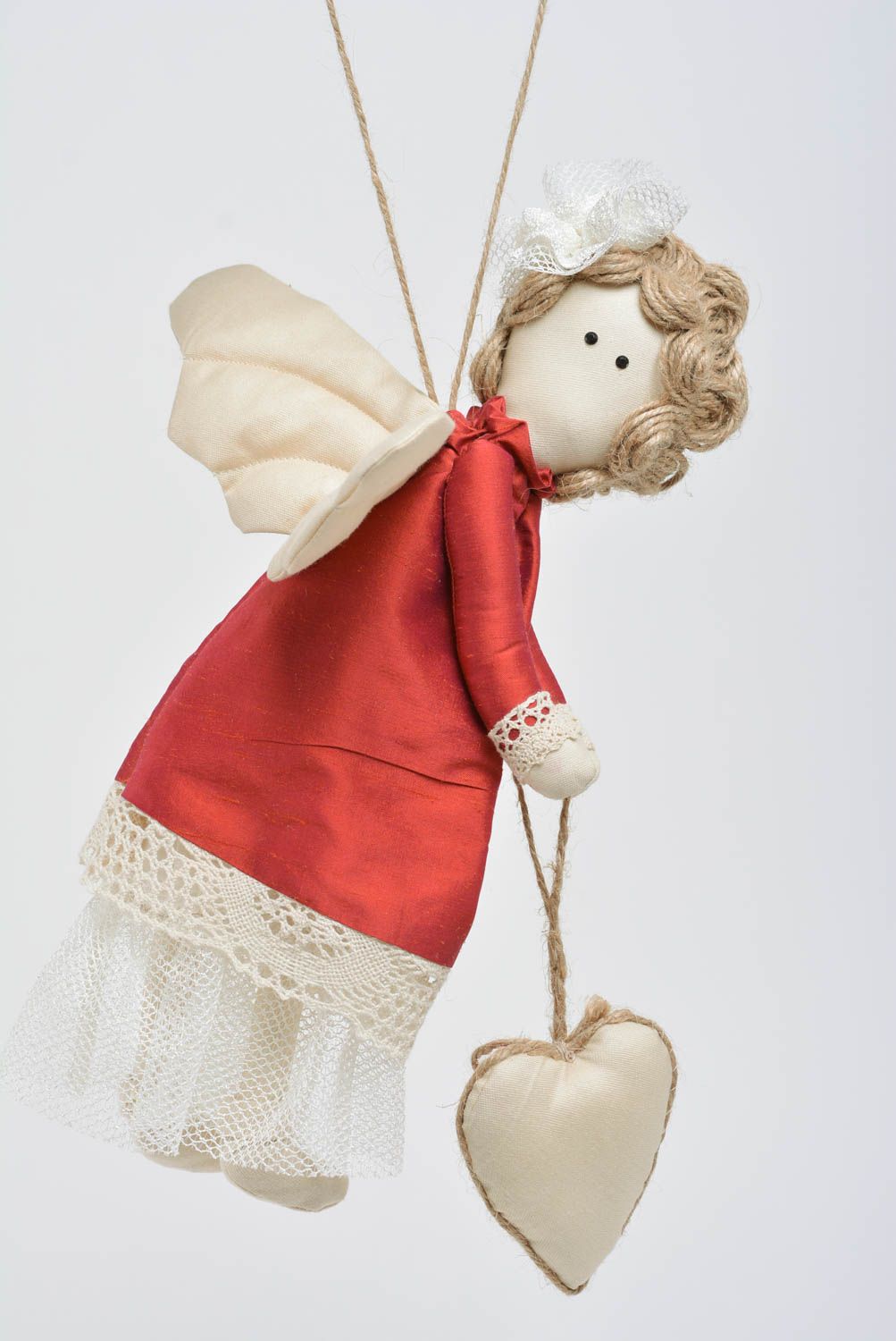 Beautiful nice handmade fabric soft toy with eyelet angel in red dress photo 1