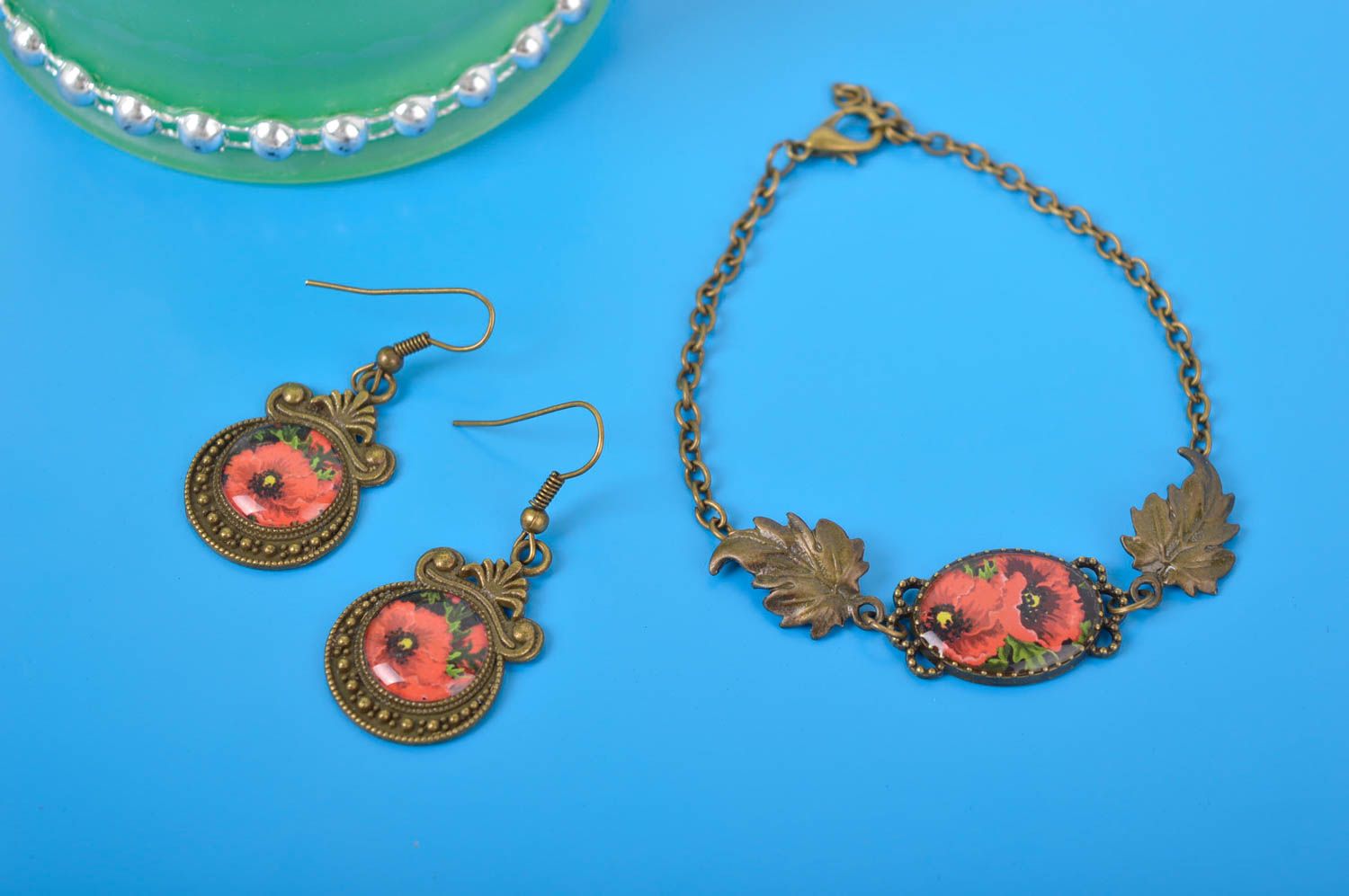 Handmade Damen Schmuck Set runde Ohrringe und Armband mit Blumen Mohnblumen foto 1