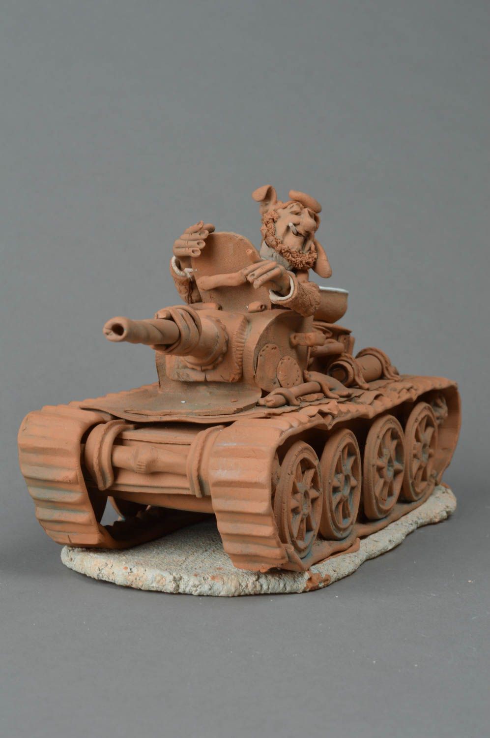 Handmade decorative clay figurine Soldier in Tank brown small interior statuette for home decor photo 2