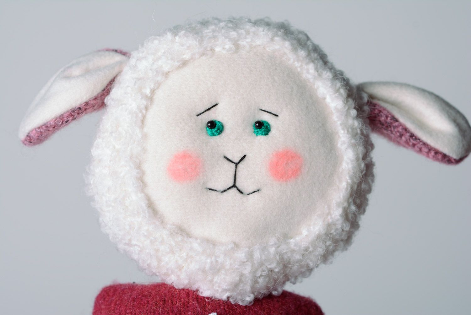 Cute handmade soft toy sewn of jersey and wool in the shape of lamb in coat photo 2