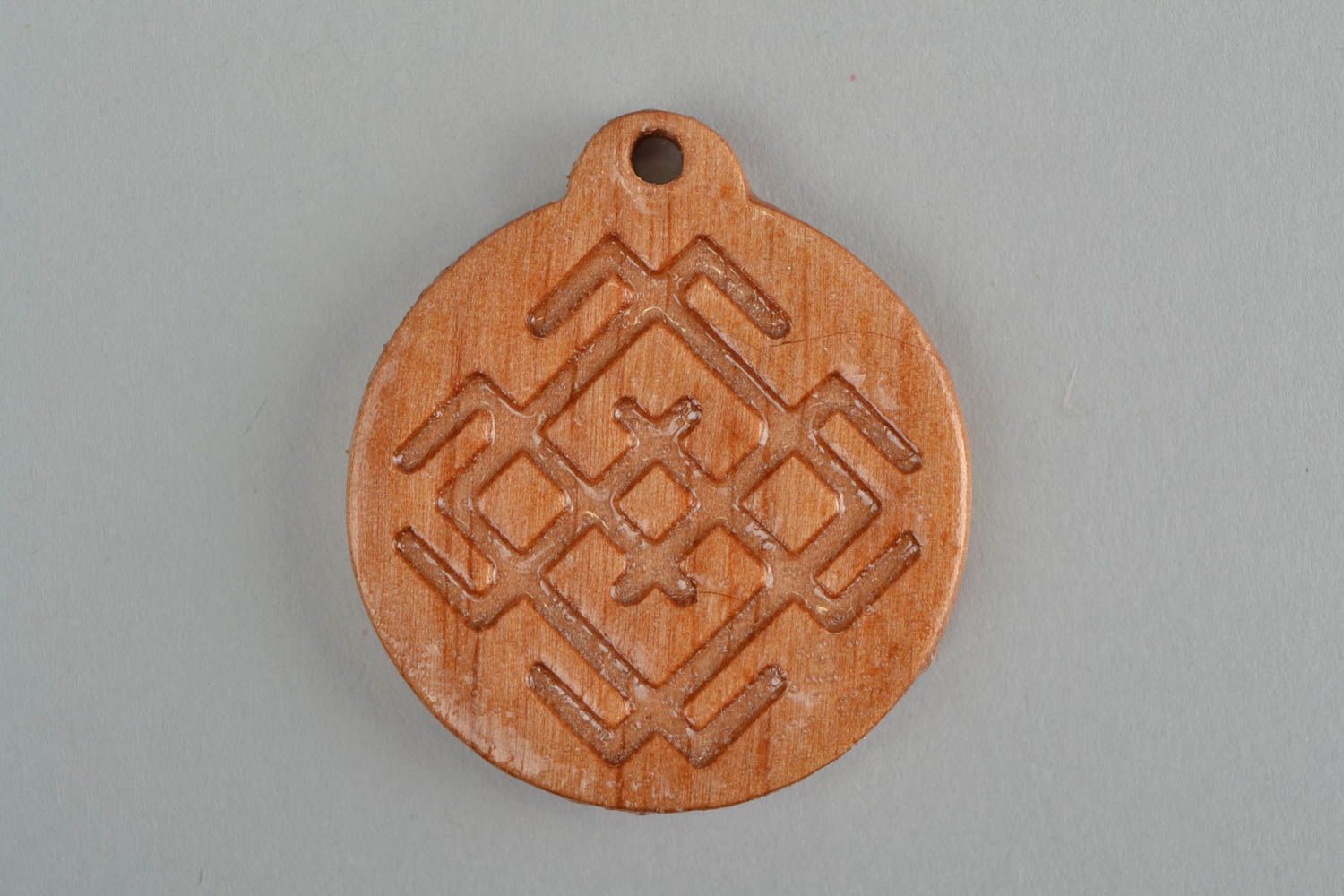 Handmade small round natural wood varnished carved Slavic amulet pendant Belobog photo 3