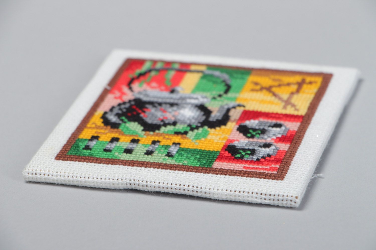 Handmade small square abstract colorful picture with cross stitch embroidery  photo 3
