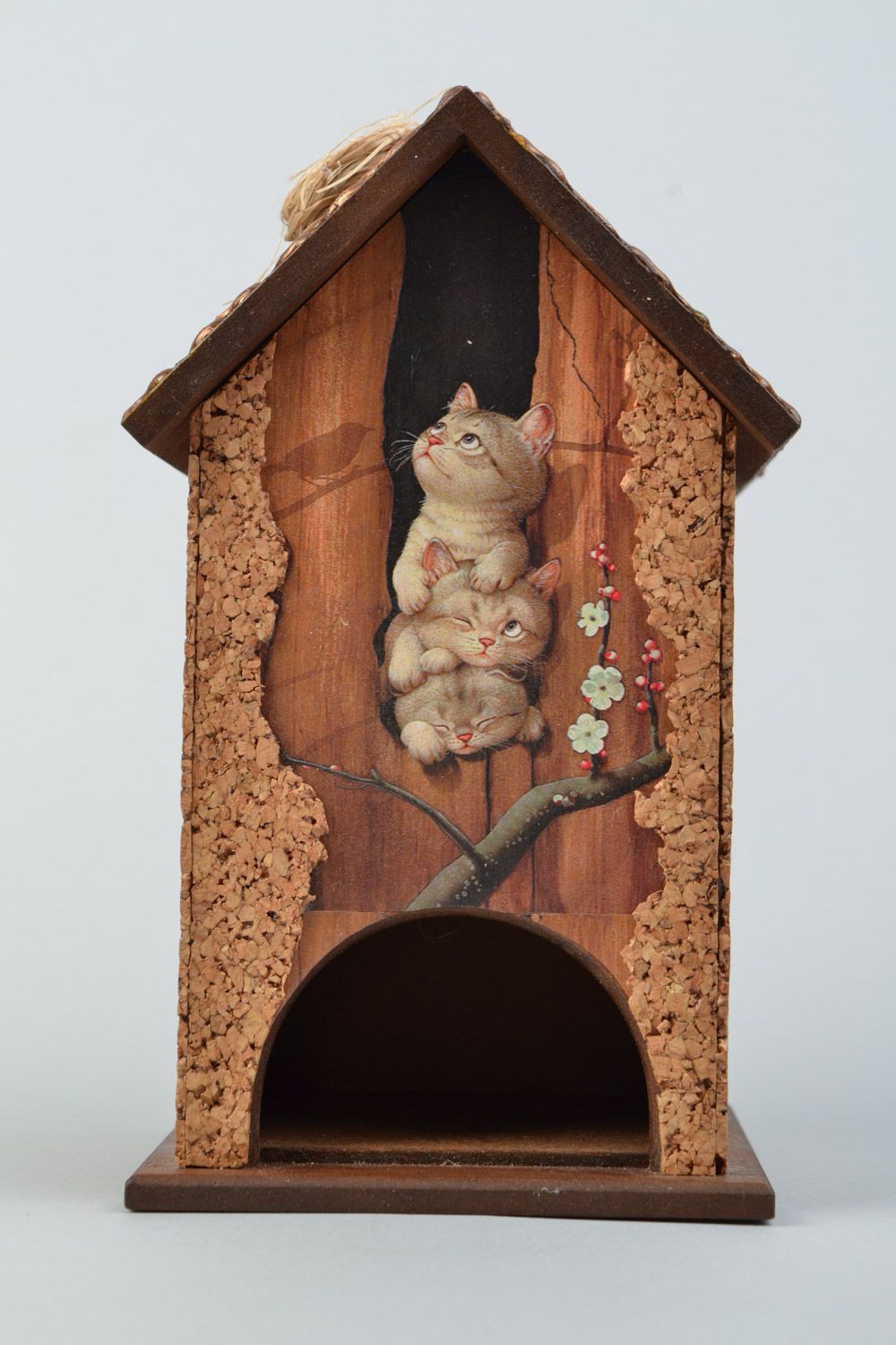 Beautiful decoupage tea bag box hand made of MDF in the shape of house with kittens photo 1