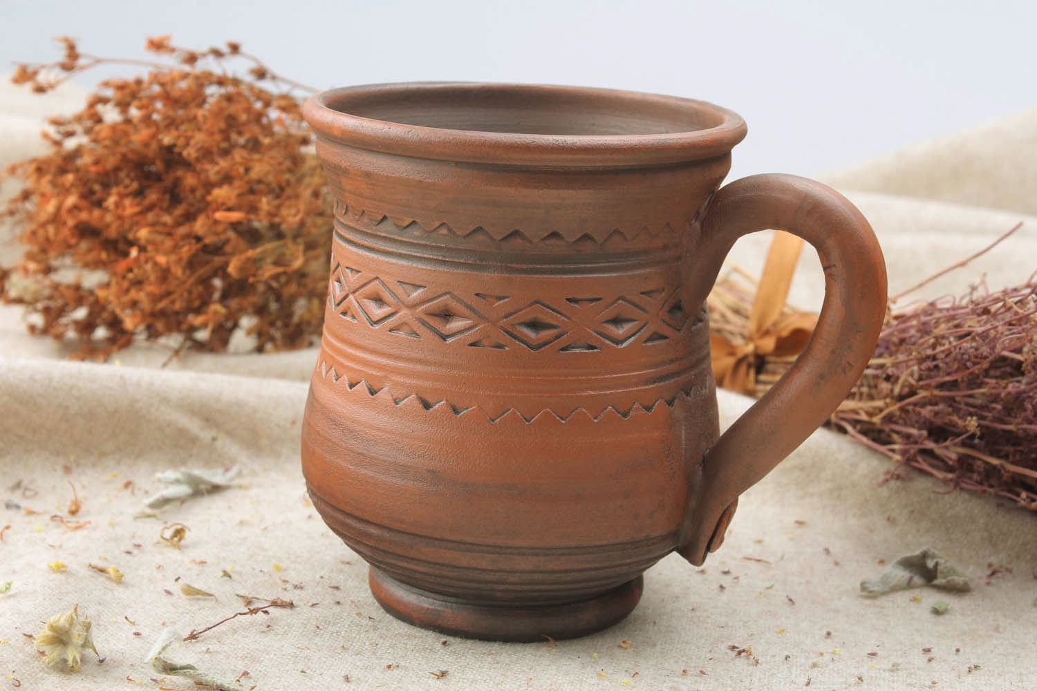 8 oz clay not a glazed cup for coffee drinking with rustic pattern and handle photo 1