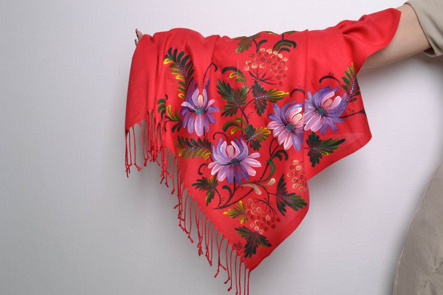 Женский кашемировый шарф с росписью розовый фото 5