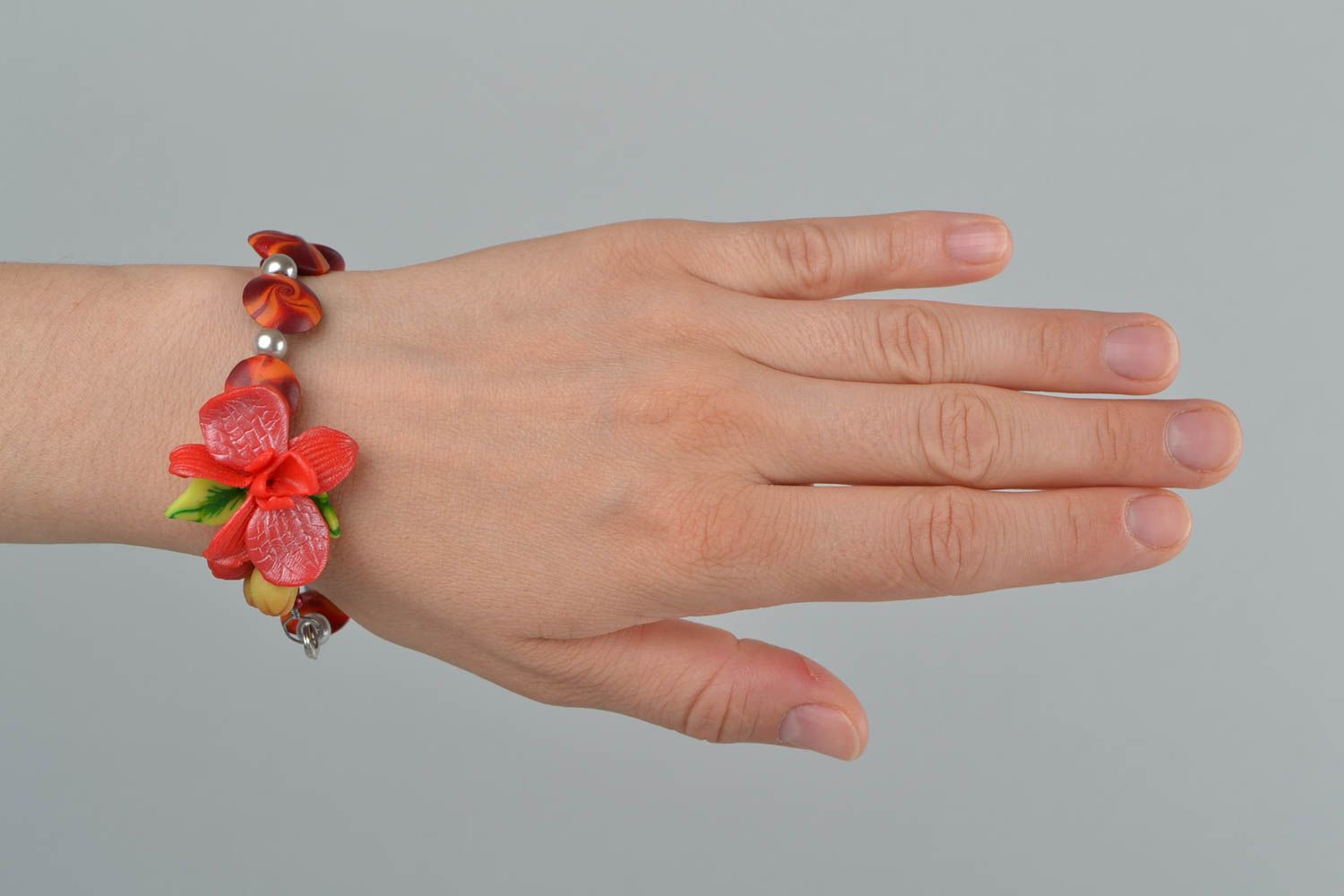 Handmade designer women's polymer clay bracelet with exotic flower photo 2