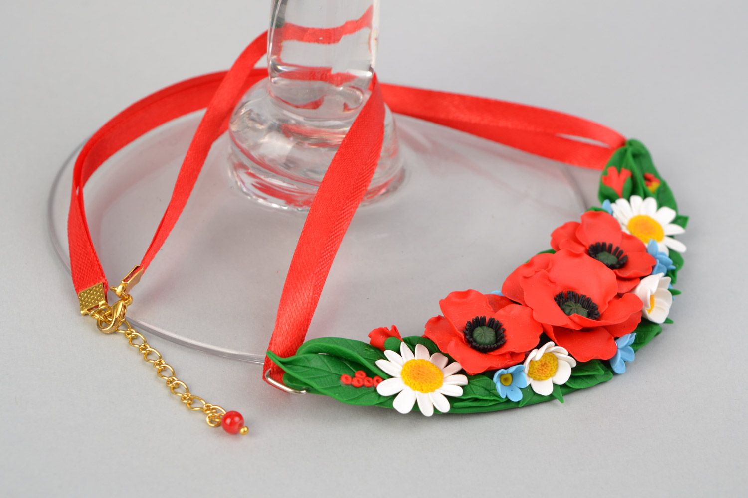 Festive handmade polymer clay colorful floral necklace on red satin ribbon photo 5