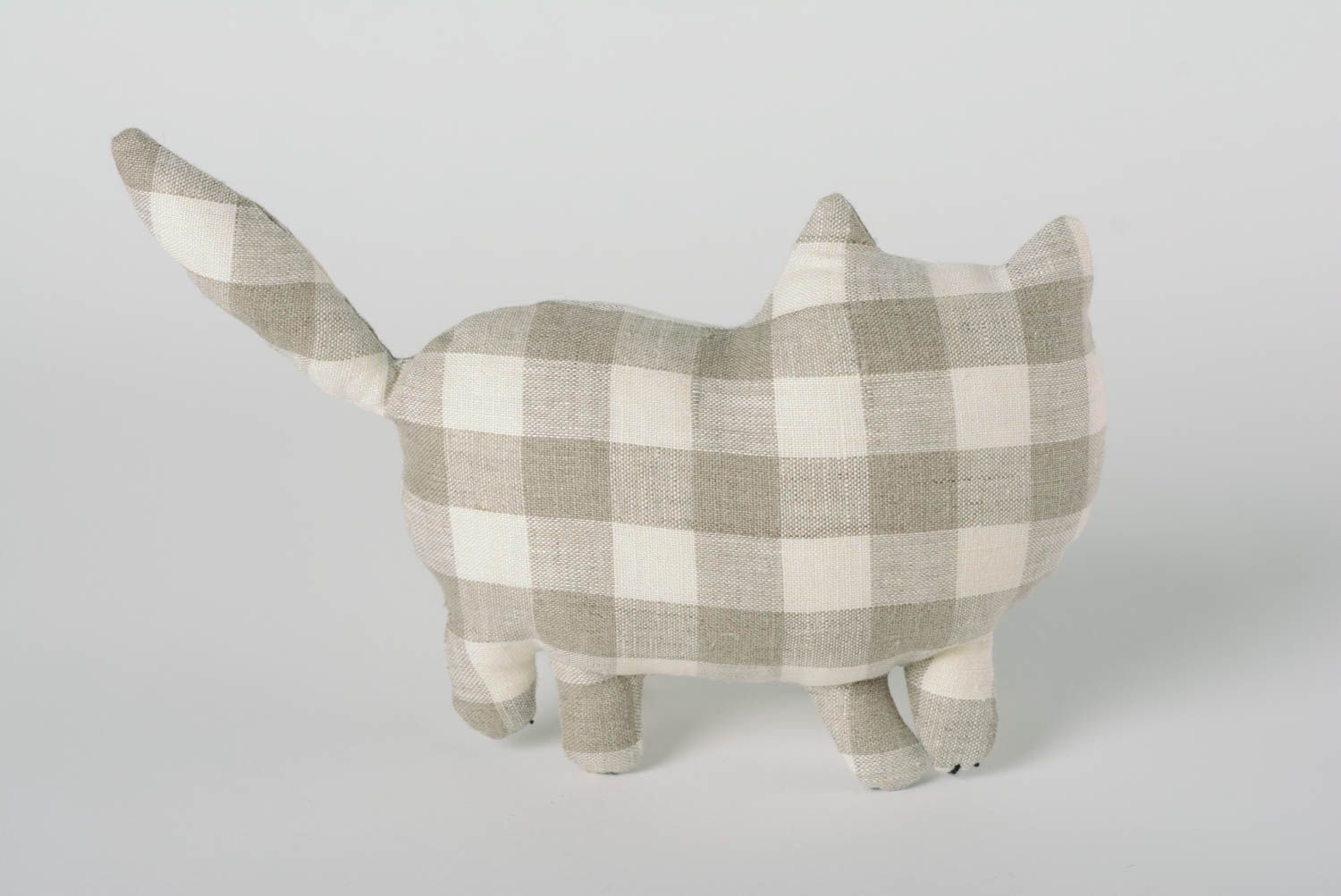 Handmade funny soft toy sewn of checkered linen fabric with embroidery Cat photo 5