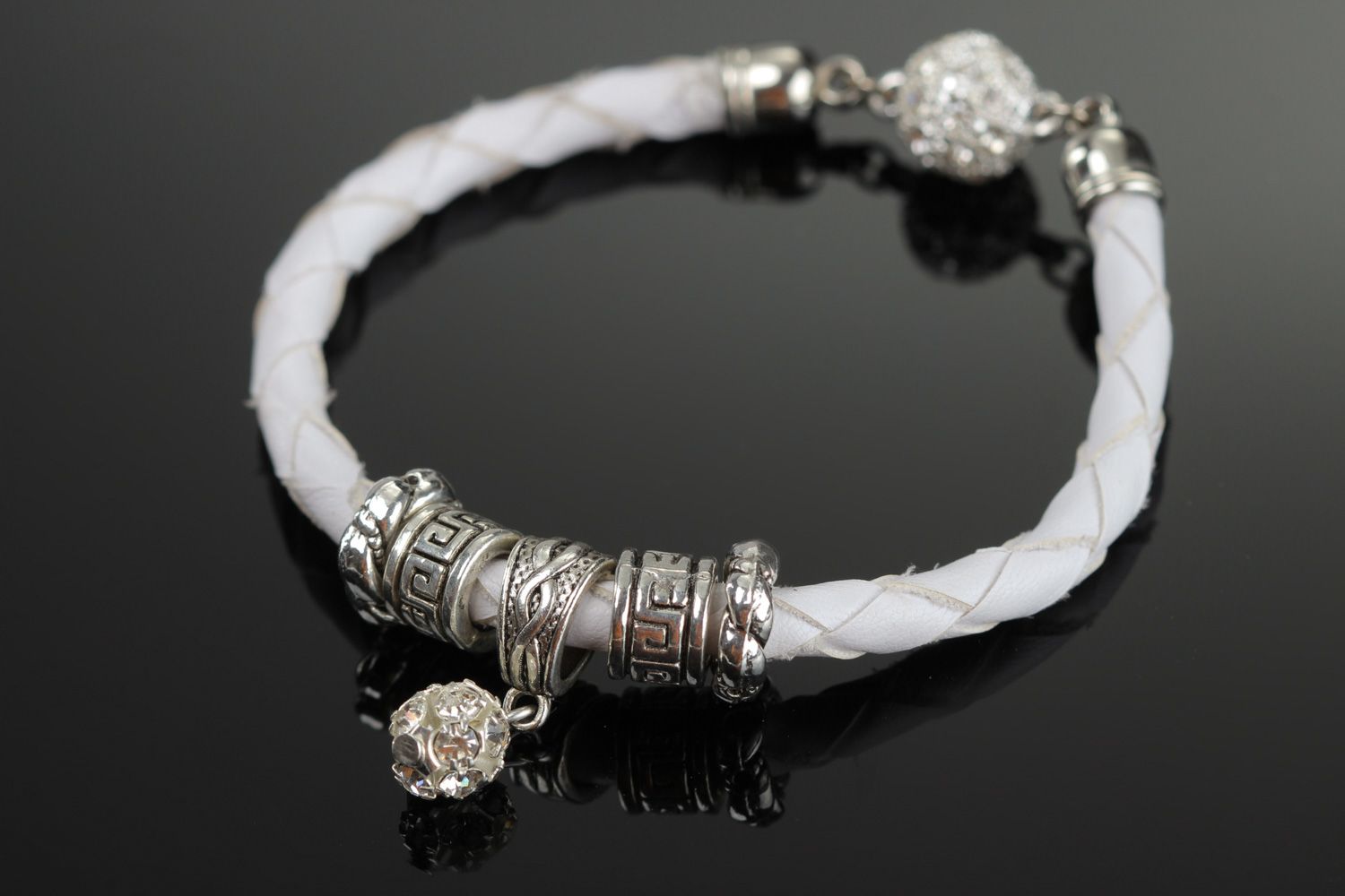 Festive handmade wrist bracelet woven of faux leather of white color for ladies photo 1